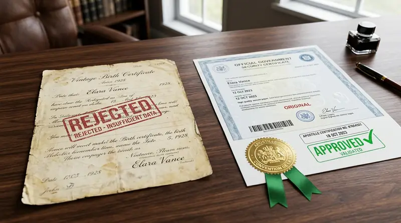 Comparison between an older handwritten Jamaican birth record and a modern certified certificate with an apostille