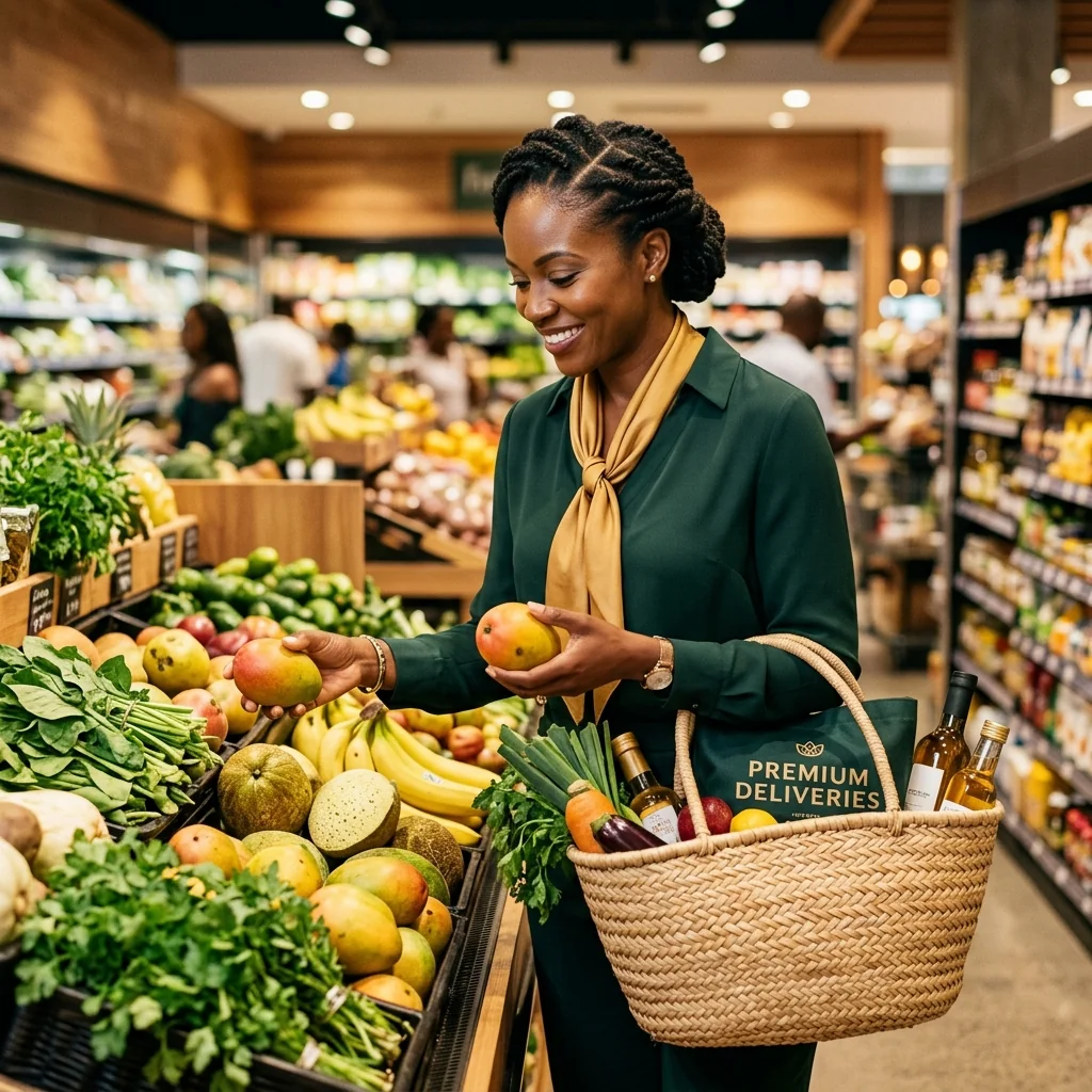 Professional personal shopper hand-picking fresh produce in a Jamaican market