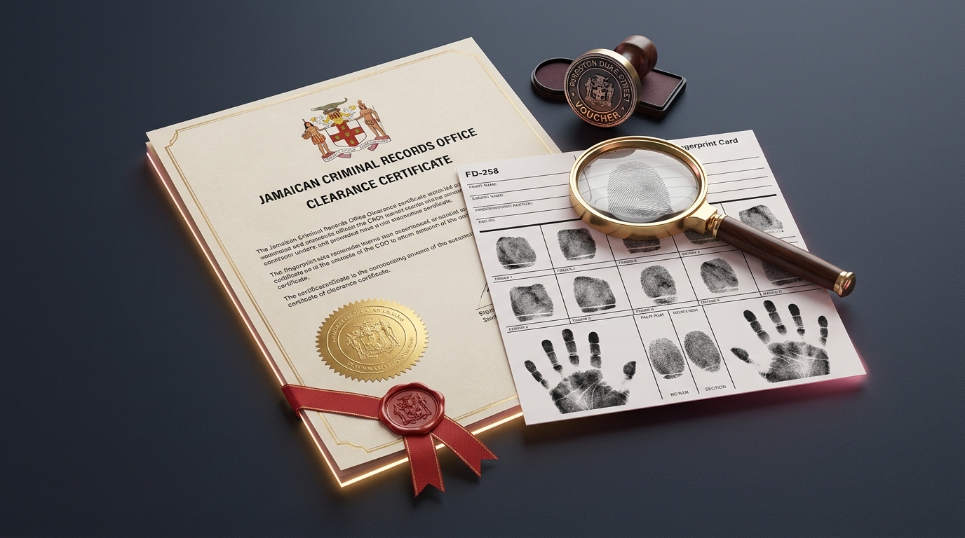 Official Jamaican Constabulary Force Police Certificate, Ink Fingerprint Card, and Passport