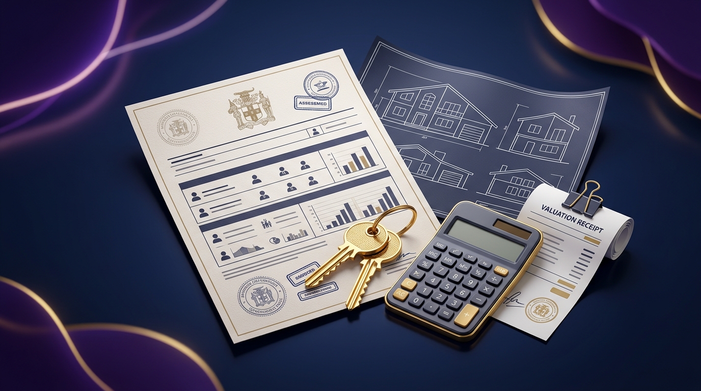 Official Tax Administration Jamaica Property Tax Assessment Slip, Paid Stamp, and Valuation Roll