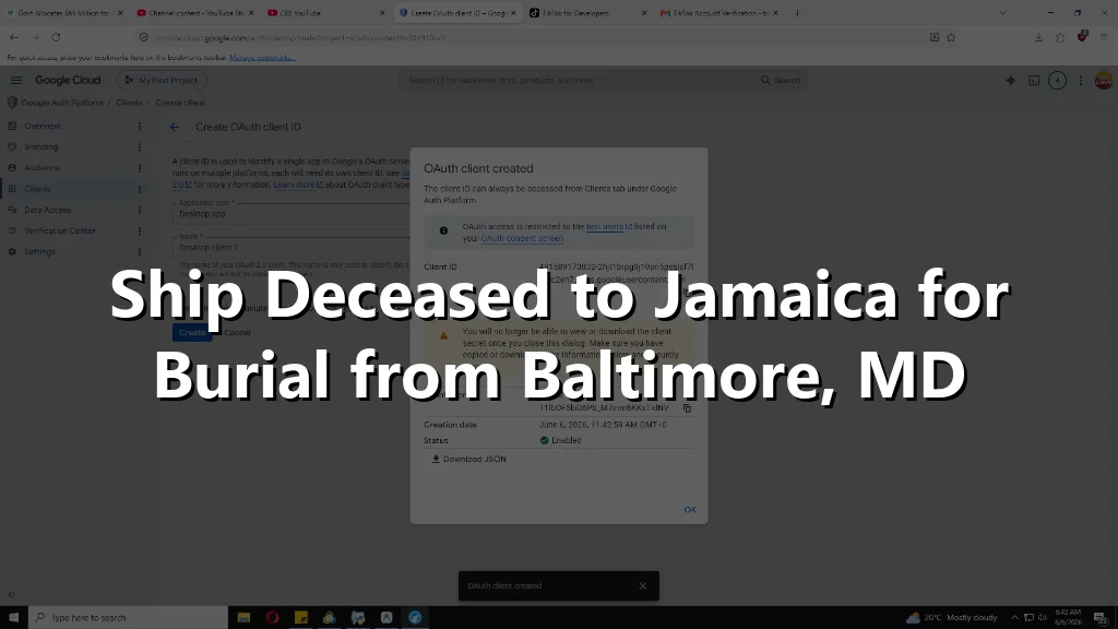 Ship Deceased to Jamaica for Burial from Baltimore, MD