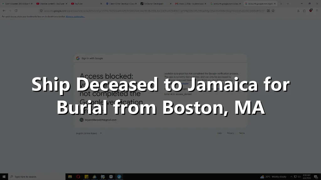 Ship Deceased to Jamaica for Burial from Boston, MA