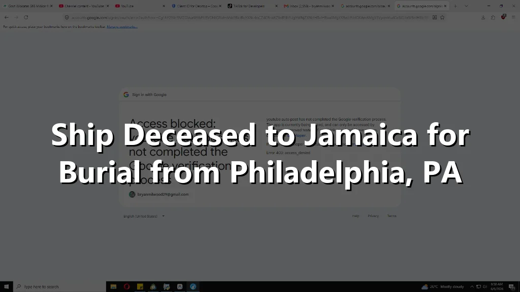Ship Deceased to Jamaica for Burial from Philadelphia, PA