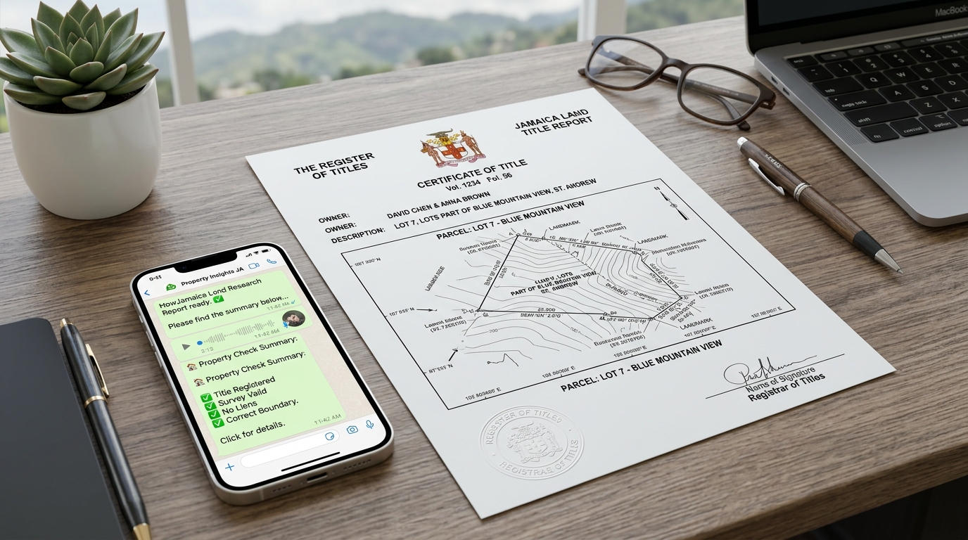 Official Jamaica Land Title Report and WhatsApp Voice Note Mockup