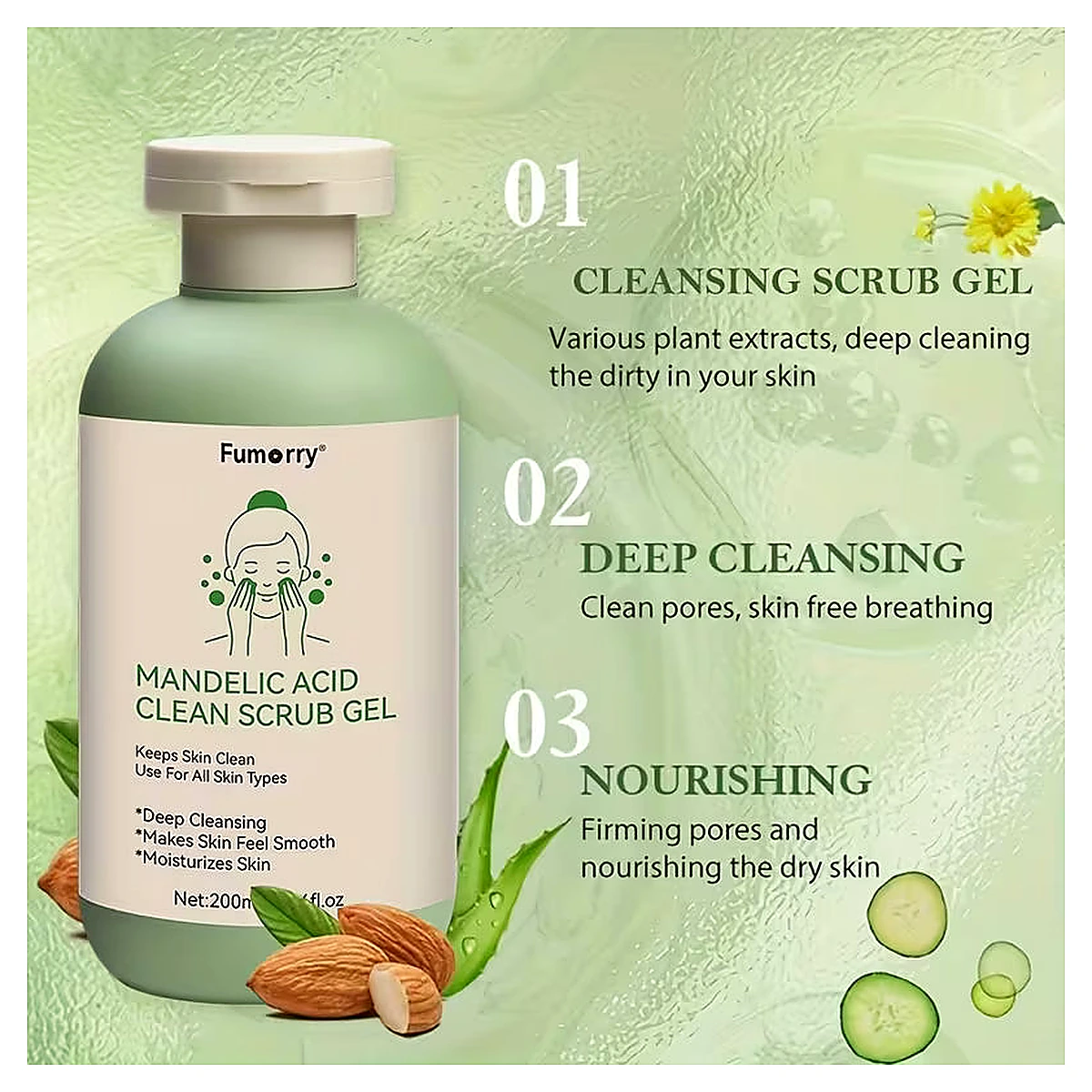 Mandelic Acid Cleansing Scrub Gel with Aloe, Rose & Chamomile – 200ml | Deep Skin Cleansing