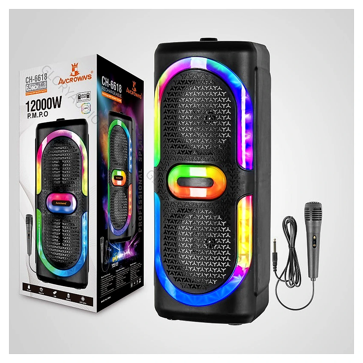 AVCROWNS CH-6633 Dual 6.5" Wireless Bluetooth Speaker System with Microphone & RGB Lights
